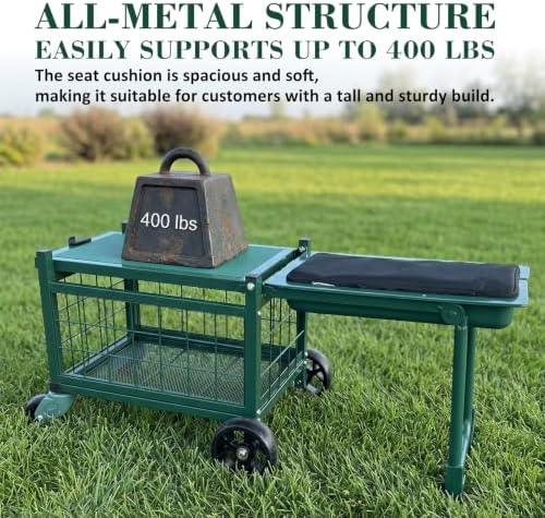 Rolling Garden Cart with Tool Bag and 3-Piece Garden Tools Set, Garden Work Seat and Heavy-Duty Wagons with 360° Swivel Wheels, Workbench and Metal Storage Basket, Supports Up to 400LBS