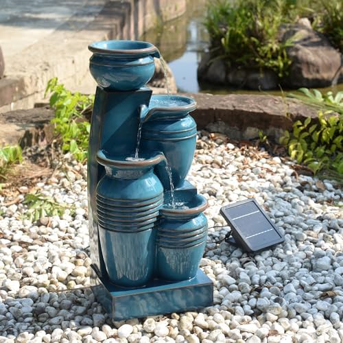 Teamson Home 28.7" 4-Tier Cascading Bowl Solar Powered Water Fountain for Outdoor Living Spaces, Blue