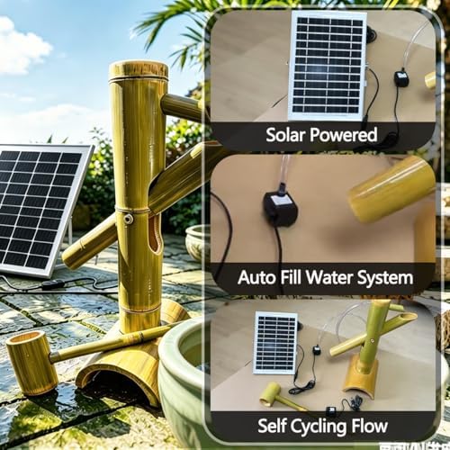 Bamboo Fountain Kit with Solar Powered，Rocking Fountains Kit，Natural Bamboo Water Feature for Zen Garden, Patio, Indoor & Outdoor Decor
