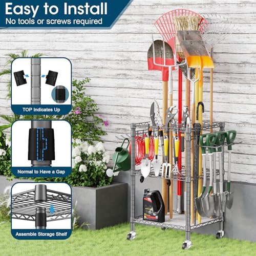T1 Garden Tool Organizer（with Lockable Wheels） Heavy Duty Garage Tool Storage for Yard，Shed，Outdoor and Lawn，Freestanding Tool Organizers and Storage UP to 50 Tools，Grey with Anti-Tip Device