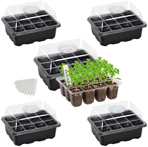5-Pack Seed Starter Trays, Humidity Dome, Base, 12-Cell Tray, Black