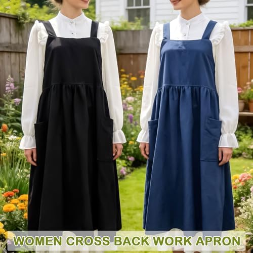 Cotton Linen Apron Cross Back Apron for Women with Pockets Pinafore Dress