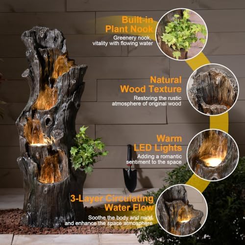 Outdoor Tree Stump Water Fountain with LED Lights Cascading Waterfall
