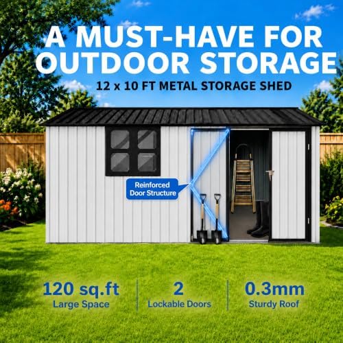 10x12 FT Outdoor Storage Shed, Large Metal Garden Shed with Window & Hinged Door, Upgraded Outside Tool Shed with Foldable Worktable & 2 Shelves, Waterproof Storage Building for Backyard, White+Black