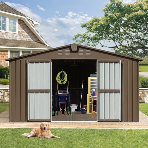 11x9ft Outdoor Storage Shed with Windows, Galvanized Steel Garden Shed, Lockable Double Doors and 16 Vents, Large Capacity Utility Tool Storage for Backyard Patio