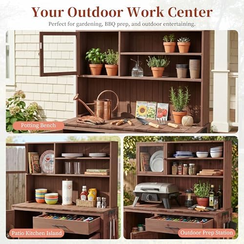 Potting Bench with Hutch, 65" H Solid Fir Wood Garden Workstation, Large Countertop, Patio Kitchen Island with Adjustable Shelves, Spice Rack, Side Hook and Drawer, Brown