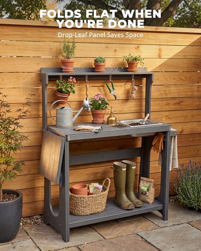 Outdoor Potting Bench Table with Removable Sink, Heavy Duty, Gray