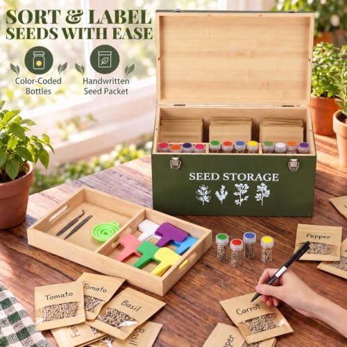 Wood Seed Storage Box Garden Seed Organizer with Removable Tray Saving Kit