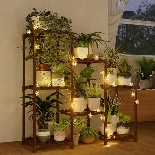 Bamworld Plant Stand Indoor with Flower Fairy Lights Battery Plant Shelf