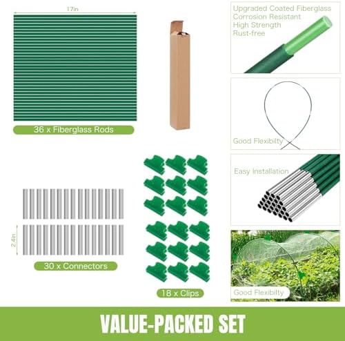 36 Pack 8ft Garden Hoops for Raised Beds, 6 Sets Fiberglass with PVC