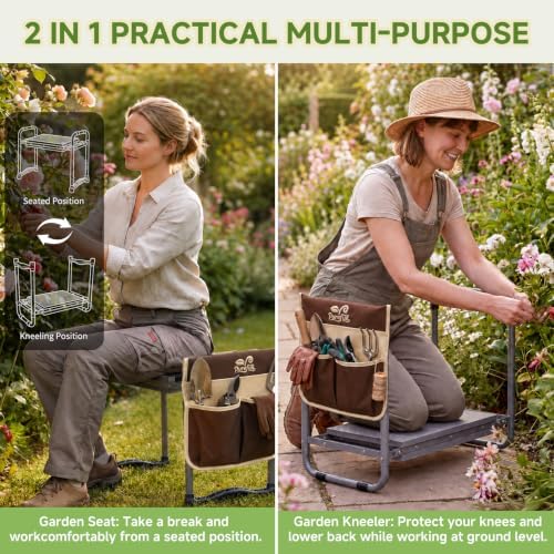 2-in-1 Heavy Duty Foldable Garden Kneeler And Stool With EVA Pad, Brown