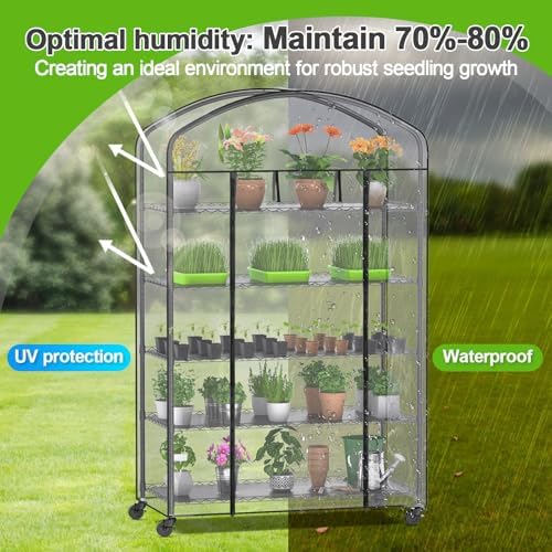 5-Tier Greenhouse with Caster Wheel, Shelf Height Adjustable Metal Shelf