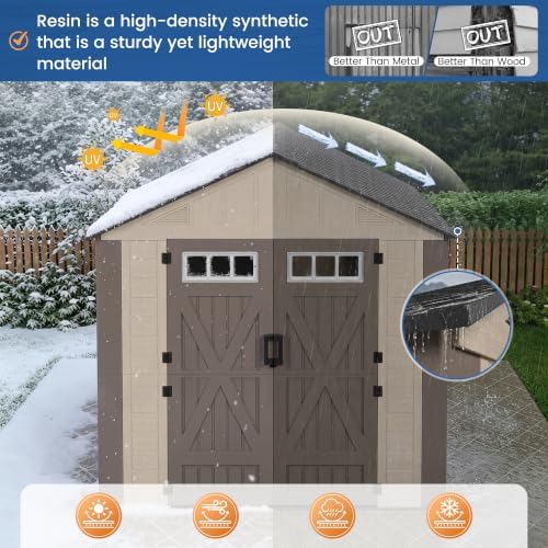 Amopatio 8x6 FT Outdoor Storage Shed with Floor, HDPE Resin Shed with Lockable Door, Window & Vents, for Bike, Garden Tools, Pool Supplies, Khaki