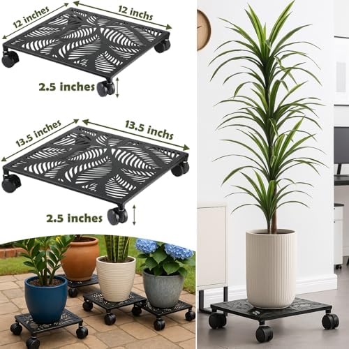 2-pack 12 Inches Square Metal Plant Caddy with Wheels Heavy Duty Large Rolling Plant Stand Indoor Outdoor Wheeled Planter Dolly Cart with Lockable Casters Flower Pot Mover Roller Trolley, Black