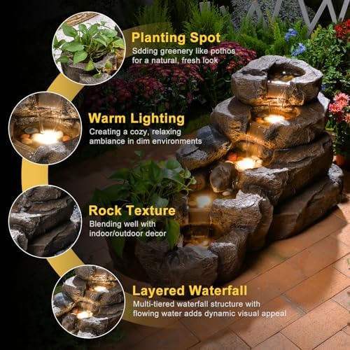 38.2" L Water Fountain Outdoor Garden 5 Tiers Floor Standing Rock Natural Waterfall Outdoor Fountains with LED Lights and Planting Pot for Patio, Porch,Backyard,Home Art Decor