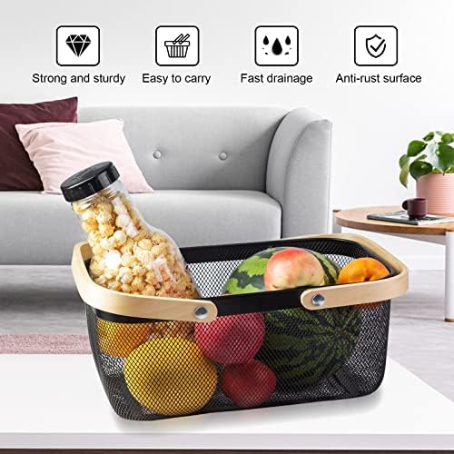 Portable Garden Harvest Basket-Mesh Design Natural Bamboo Handle Wire Storage Baskets,Mesh Basket with Handle Organize Items Reduce Space Occupation,Suitable for Kitchen,Garden,Picnic(Black)