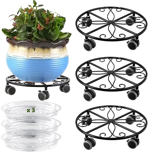 3 Pack Plant Caddy with Wheels & Saucers, Heavy Duty 13.5 Inch Metal Plant Stand with Wheels, Plant Dolly Rolling Plant Stand Plant Roller with Casters for Indoor and Outdoor, Black