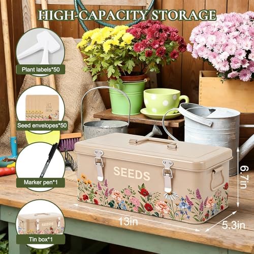 JarThenaAMCS Spring Wildflower Metal Seed Storage Organizer 4 Dividers Vintage Floral Metal Seed Saving Box with 50 Kraft Seeds Envelopes 50 Blank Plant Label Stakes 1 Marker Pen for Home Garden