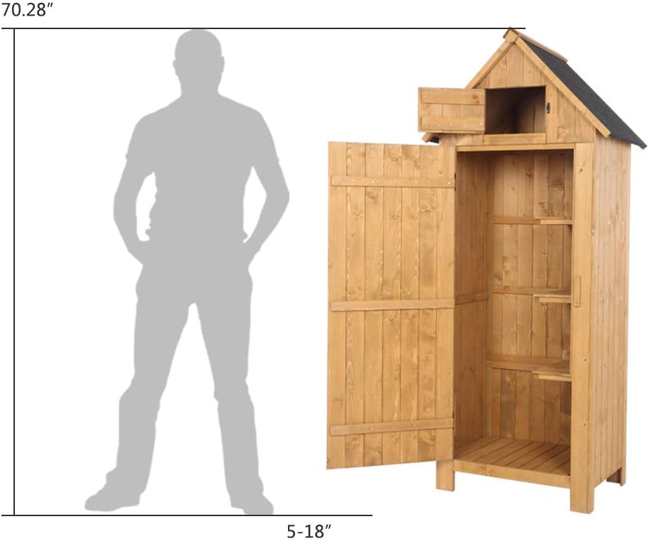 Outvita Outdoor Storage Cabinet, 70in Wooden Vertical Garden Tools Shed, Patio Storage Organizer with Latch & Waterproof Roof for Yard Deck Lawn Farmland Equipment(Natural)