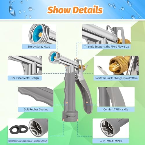 AUTOMAN Full Size Garden Hose Nozzle, High Pressure Pistol Grip Water Nozzle Sprayer with Threaded Front, Adjustable Spray Water Flow for Washing Car, Cleaning Ground, Watering Plants, Showering Pets