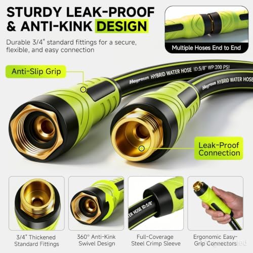 Garden Hose 25ft, Non-Expandable Heavy Duty Water Hose with 10 Function Sprayer, Flexible, Leakproof, Kink Resistant & Hybrid Hose for Yard, Outdoor, 600 PSI