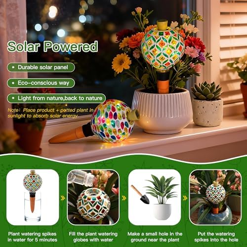 VOREEN Mosaic Glass Plant Watering Globe with Solar Light, 17 oz, Gourd Art