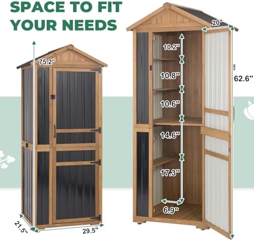 Large Outdoor Storage Cabinet with 4 Shelves, Wood Outdoor Storage Shed with Weatherproof Roof, Lockable Doors, Tall Outdoor Patio Cabinets for Garden Tool and Accessories, Brown