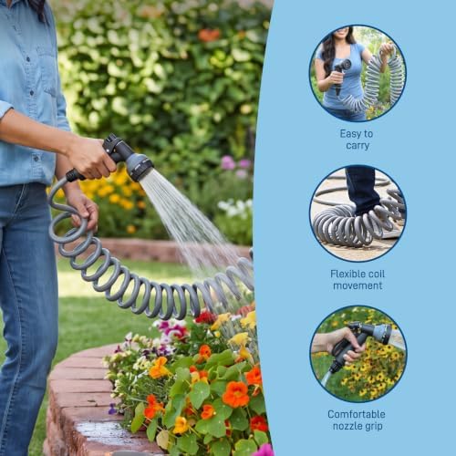 Orbit Coil Garden Hose, 25 ft, with 8-Pattern Nozzle, Gray - 26382