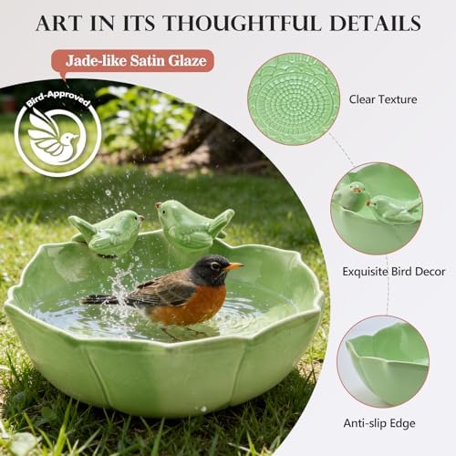 Glazed Ceramic Bird Bath Bowl for Outdoor Ground, UV/Frost-Resistant