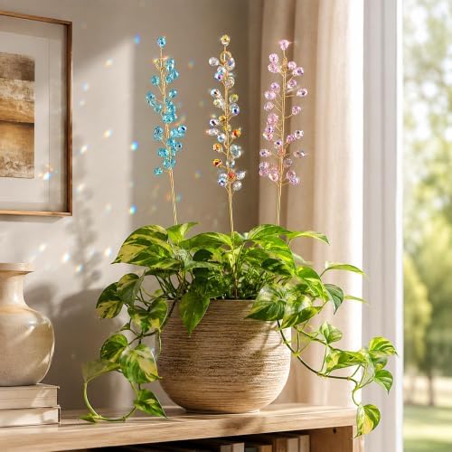 3 Pcs Beaded Crystal Plant Suncatcher Stake for Potted Plants Patio Decor