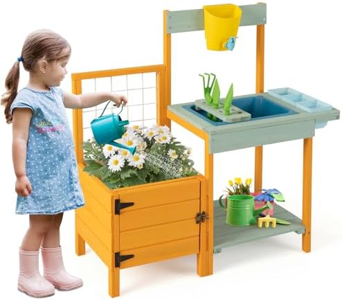 Costzon Mud Kitchen, Kids Potting Bench with Garden Bed & See-Through Window, Trellis, Kids Kitchen Playset w/Sink, Faucet, Storage Shelf, Gardening Toys, Outdoor Play Kitchen for Boys Girls Ages 3+