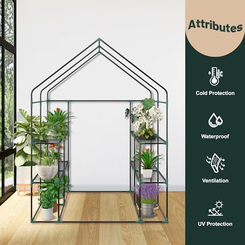 LEMY Walk-in Greenhouse for Outdoors,2-Tier 8 Shelves Heavy-Duty PE Cover with Roll-Up Zipper Door and Windows,Steel Frame Plant Hot House with Anchors,Ropes for Garden,Patio