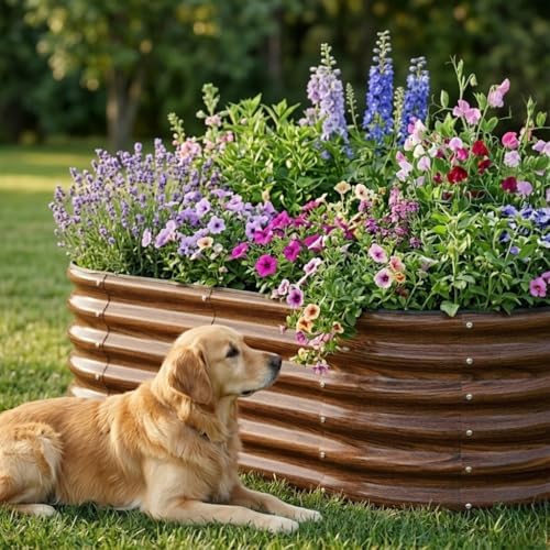4x2x1.5ft Raised Garden Bed Outdoor, 17" Tall Galvanized Metal Planter Box, Oval Raised Garden Bed Kit for Planting Vegetables Plants Fruits, Brown