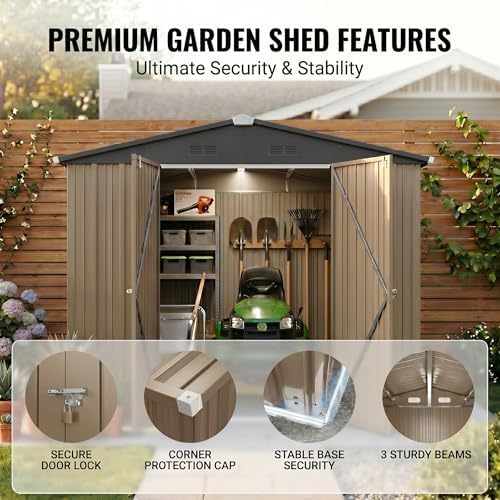 Gizoon 10x10 FT Outdoor Storage Shed, Metal Heavy-Duty Shed, Light Brown