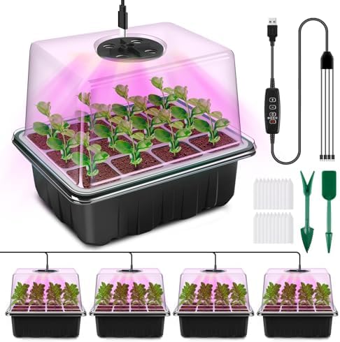 YAUNGEL Seed Starter Tray with Full Spectrum Grow Light Timer, 4-Pack,Black