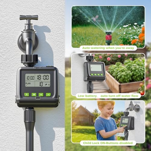 Sprinkler Timer for Garden Hose, Programmable Watering Timer with Rain Delay, Outdoor Automatic& Manual Irrigation Controller System for Lawn/Yard/Greenhouse V104