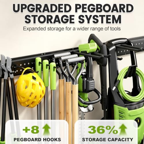 Garage Tool Organizer Wall Mount, 99 Inch Heavy Duty Garage Organization System with 18 Adjustable Hooks, Garden Tool Storage Rack for Garage, Yard & Shed, Holds Up to 750 lbs
