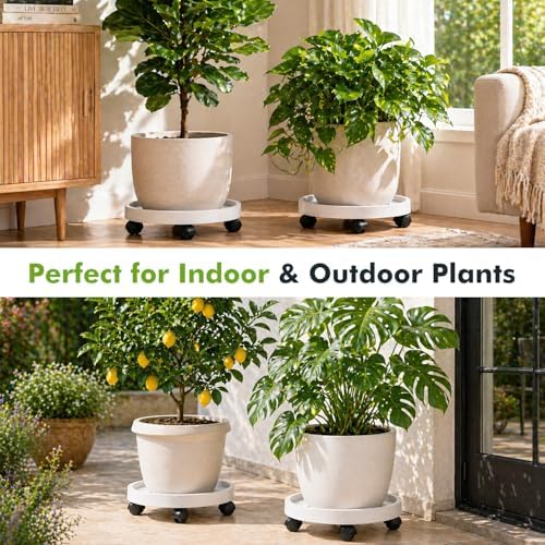 4 Pack 13 Inch Plant Caddy with Wheels Rolling Plant Stand with Casters Plant Dolly Coasters Heavy Duty Large Potted Plant Mover Roller Base for Indoor Outdoor, White