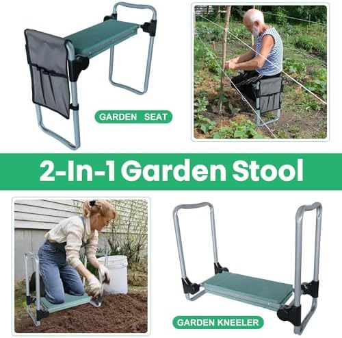 Garden Kneeler and Seat, 2024 Upgraded Foldable Heavy Duty Kneeling Bench with Tool Bag and Widen Soft EVA Foam Pad for Senior, Green