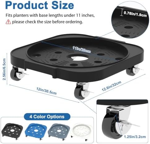 2 Pack 11'' Heavy Duty Rolling Plant Caddy with Wheels, Black