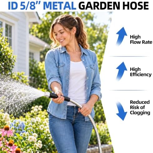 SPECILITE 5/8" 304 Stainless Steel Metal Garden Hose 50FT with Blue Nozzle