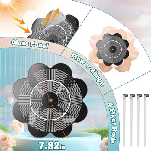Yzert Solar Fountain Flower Shape-No Battery, Glass 3.5W Solar Water Fountain with 7 Nozzles & 4 Fixer Rods,Solar Fountain Pump for Bird Bath, Outdoor, Pool, Garden, Pond & Flower Pot
