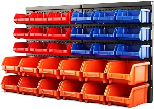 HORUSDY Wall Mounted Storage Bins Parts Rack 30PC Organizer Garage Plastic Shop Tool for Men's Gift, Blue,Orange,Red