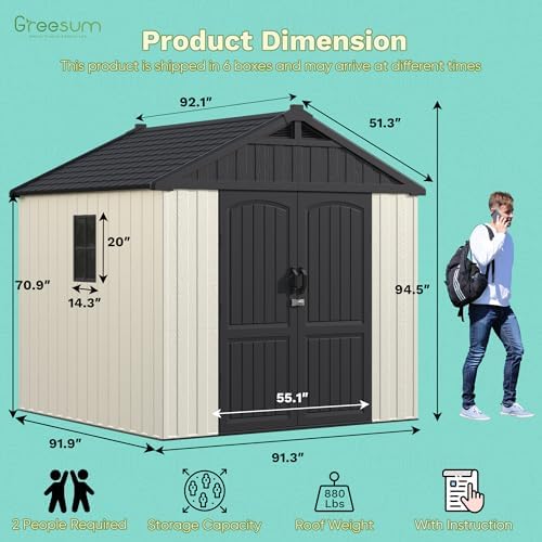 Greesum 8x8FT Plastic Outdoor Storage Shed with Floor, Resin Sheds, Beige