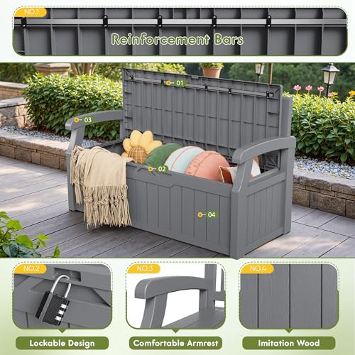 Greesum 80 Gallon Storage Bench Outdoor Deck Box with Armrest, Grey