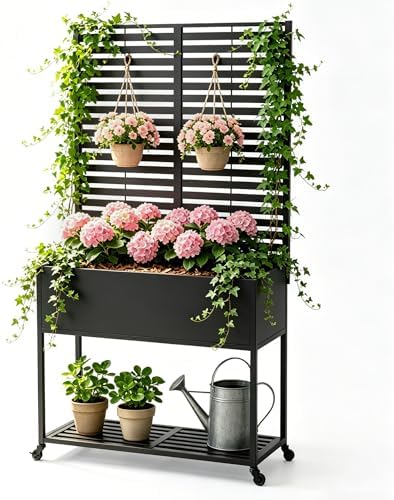 Metal Raise Garden Bed with Trellis,70" Elevated Trellis Planter Outdoor