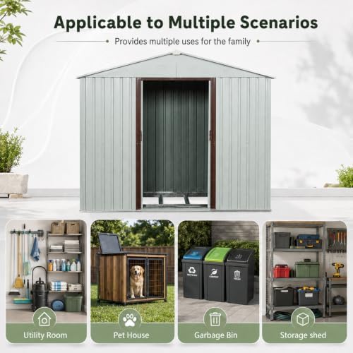 8 x 4 FT Outdoor Storage Shed, Metal Garden Shed with Floor Frame, Tool Shed Outdoor Storage with Lockable Sliding Doors & Window & Air Vents, Storage House Waterproof for Backyard, Lawn, White