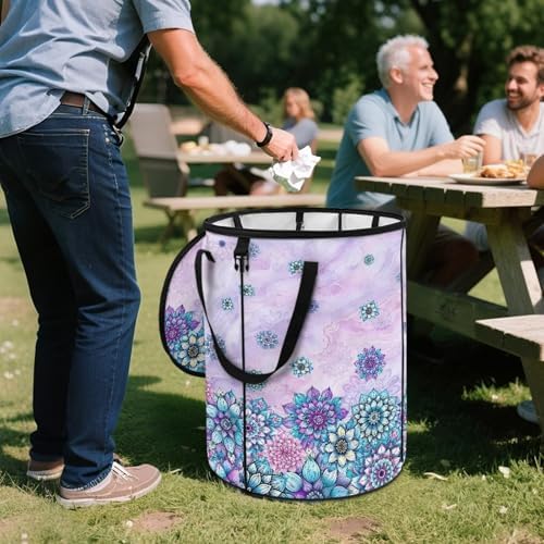 Outdoor Camping Collapsible Trash Can - Purple Boho Flowers Blossom 24 Gallon Large Capacity Garden Leaf Bin Reusable Foldable Yard Waster Bag with Lid and Handles