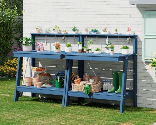 SERWALL 3-Tier Outdoor Potting Bench with Storage,Gardening Table,Blue,2PC