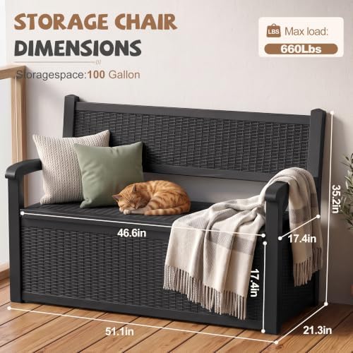Outdoor Bench Storage Deck Box,130 Gallon Waterproof Wicker